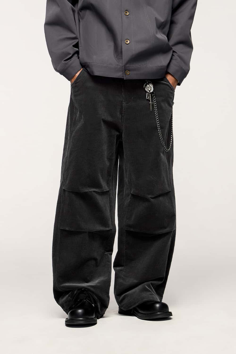 Corduroy Wide-Leg Casual Pants - Dark Gray