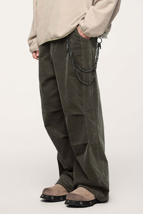 Corduroy Wide-Leg Casual Pants - Military Green