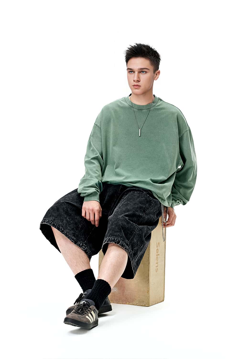 Salt-Washed Boxy Long-Sleeve T-Shirt - Green