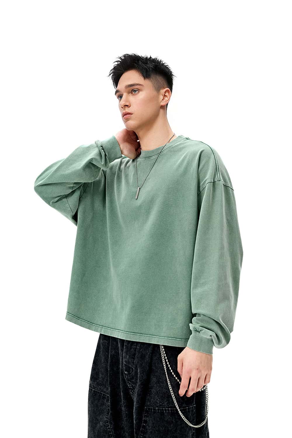 Salt-Washed Boxy Long-Sleeve T-Shirt - Green