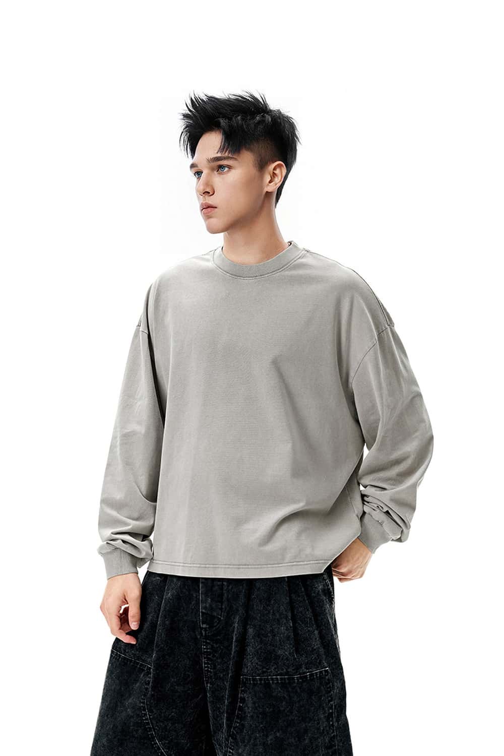 Salt-Washed Boxy Long-Sleeve T-Shirt - Khaki Gray
