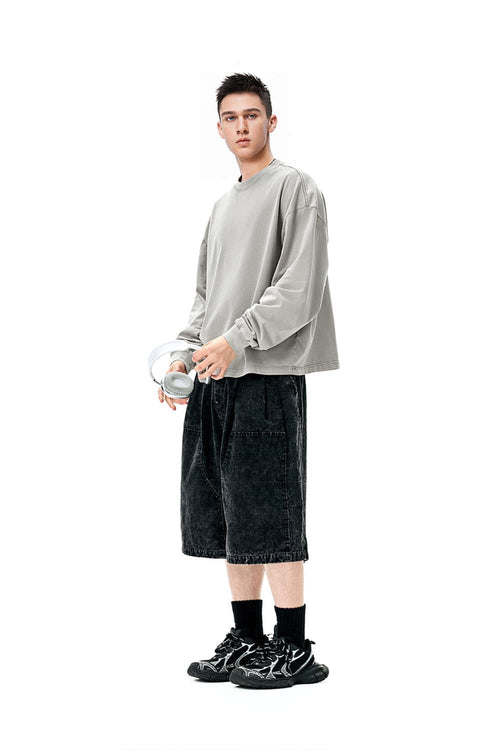 Salt-Washed Boxy Long-Sleeve T-Shirt - Khaki Gray