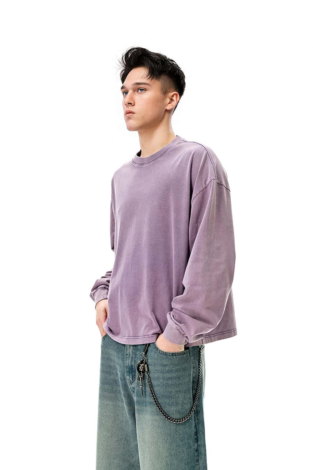 Salt-Washed Boxy Long-Sleeve T-Shirt - Light Purple