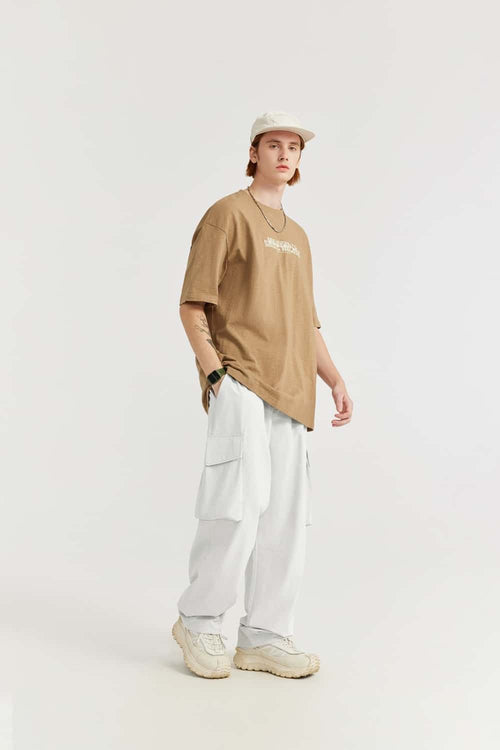 Crinkled Cargo Straight-Leg Pants - Gray