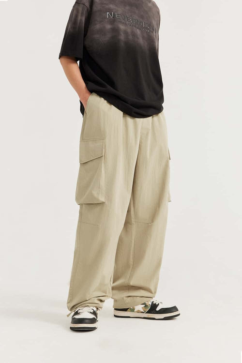 Crinkled Cargo Straight-Leg Pants - Khaki