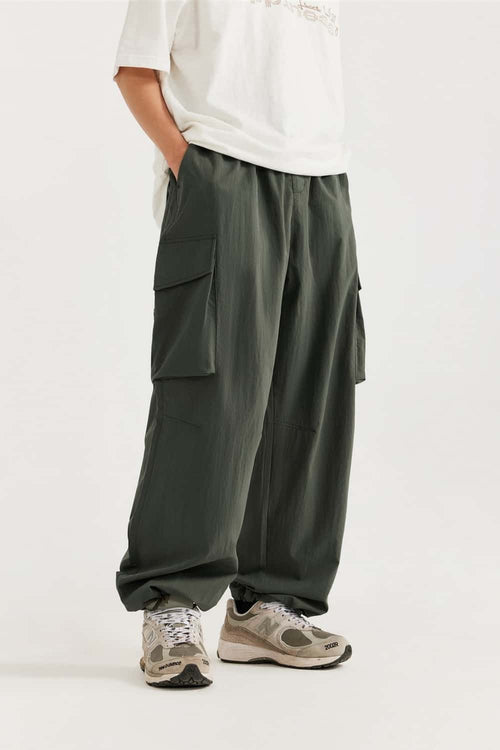 Crinkled Cargo Straight-Leg Pants - Military Green