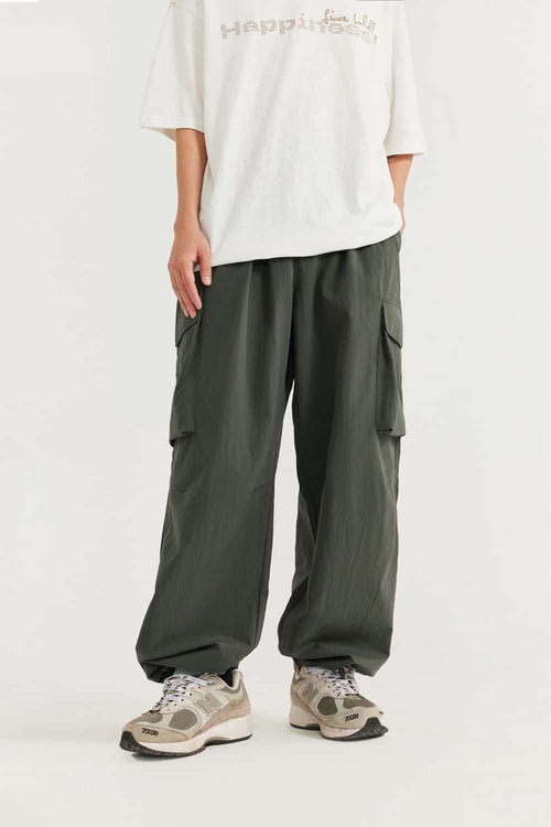 Crinkled Cargo Straight-Leg Pants - Military Green