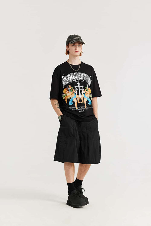 Crinkled Knee-Length Utility Shorts - Black