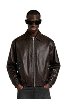 Crinkled Leather-Look Zip Jacket - Brown