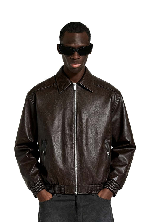 Crinkled Leather-Look Zip Jacket - Brown