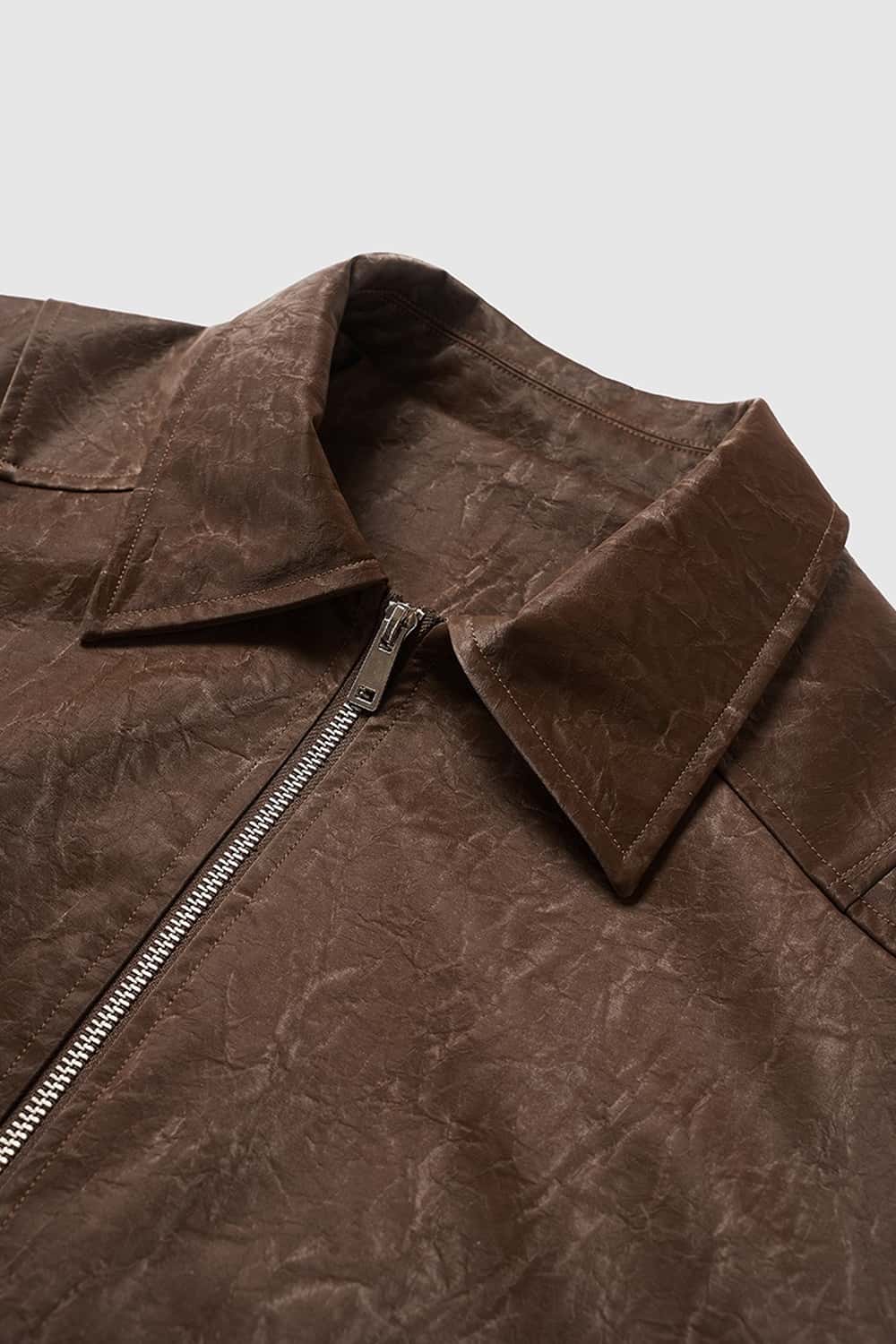 Crinkled Leather-Look Zip Jacket - Brown