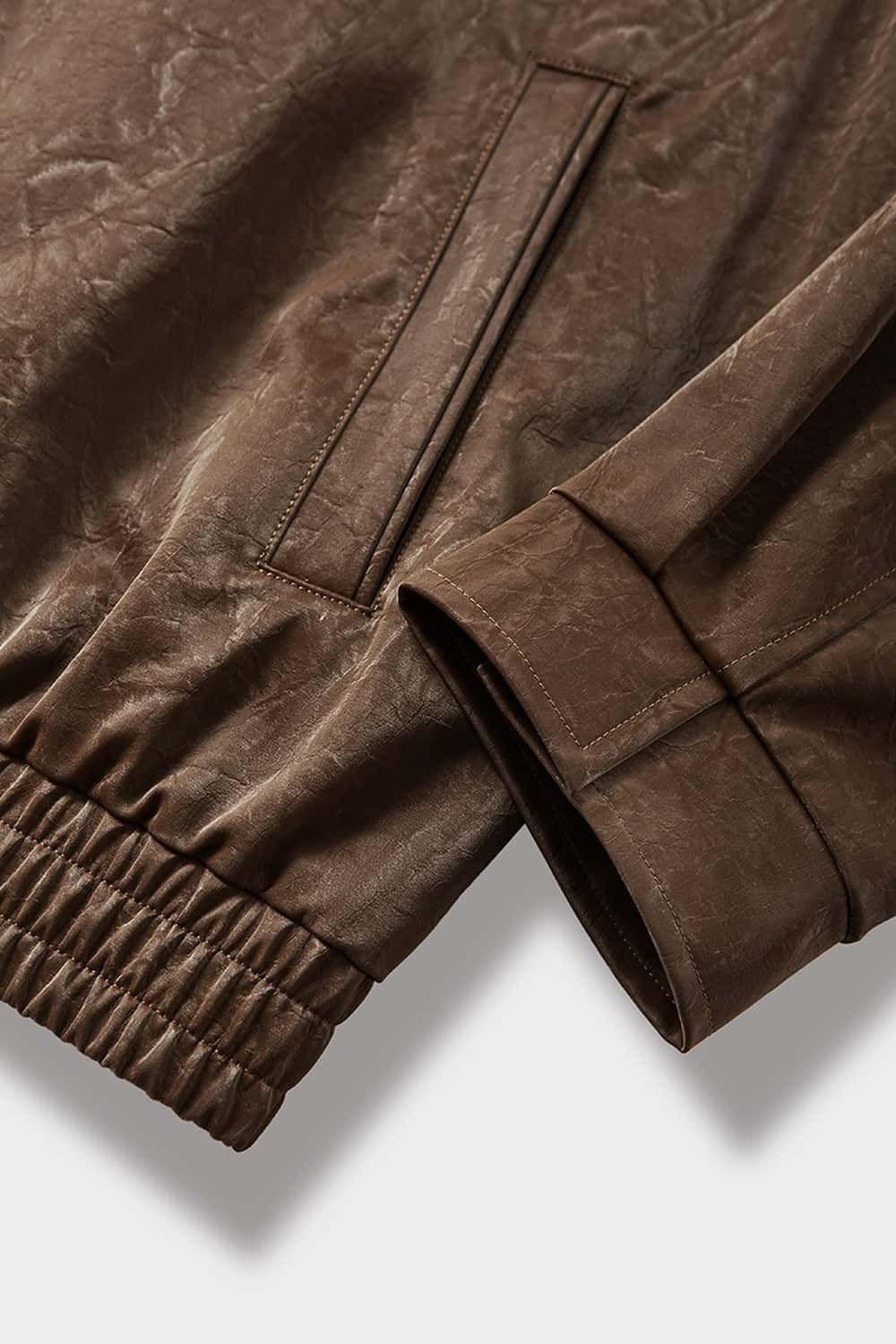 Crinkled Leather-Look Zip Jacket - Brown