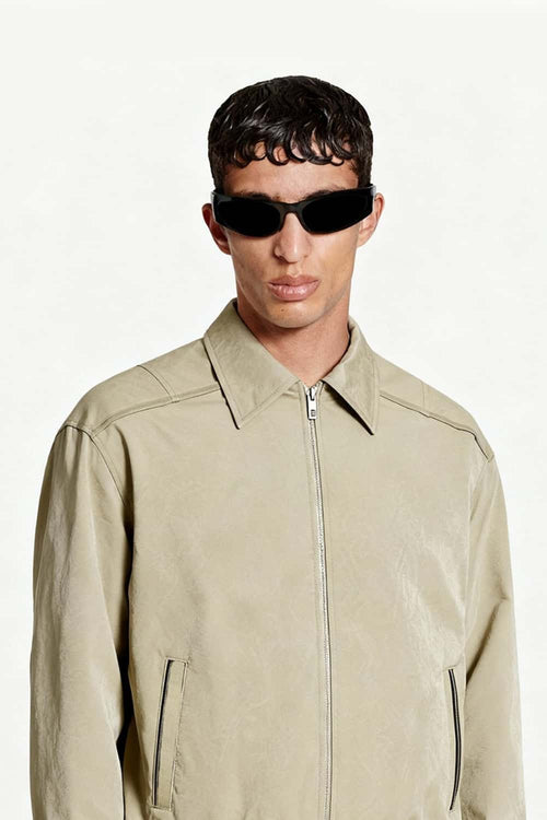 Crinkled Leather-Look Zip Jacket - Khaki