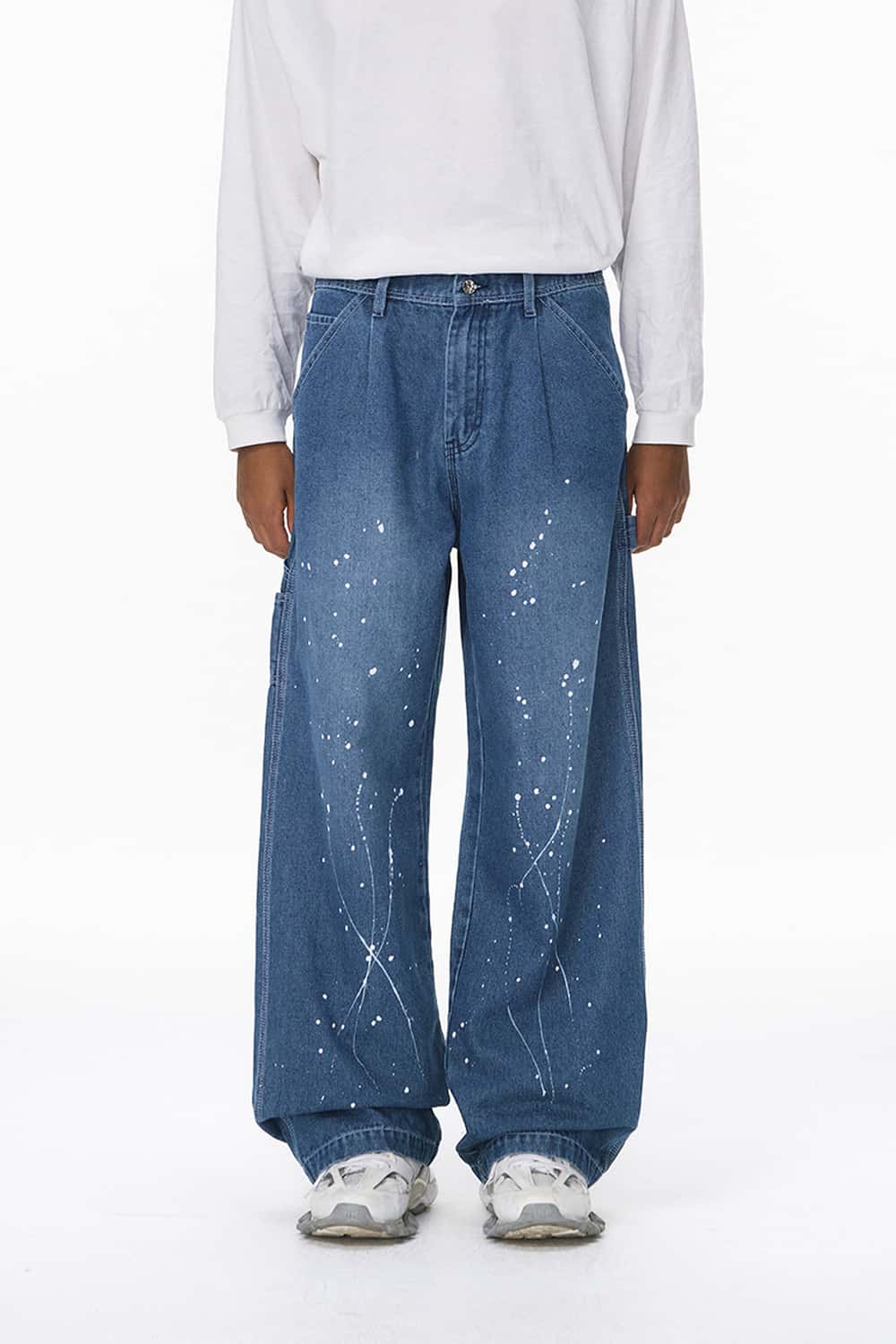 Paint-Splatter Wide-Leg Jeans - Blue