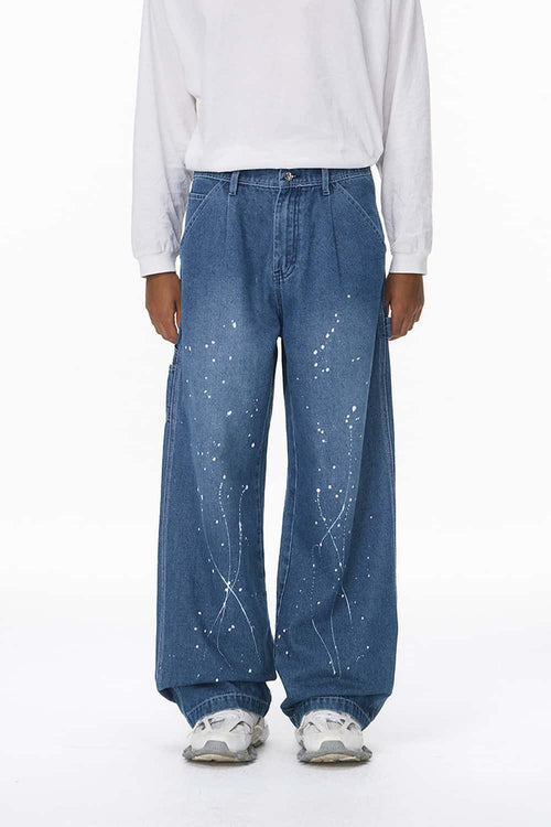 Paint-Splatter Wide-Leg Jeans - Blue