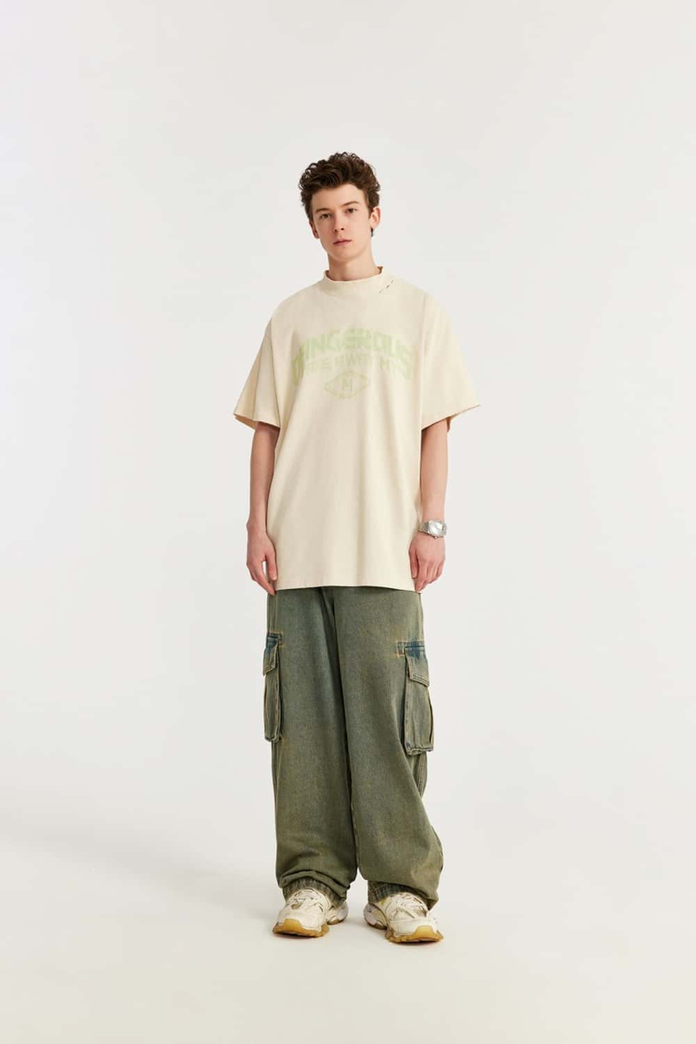 Mock-Neck Graphic Boxy T-Shirt - Apricot
