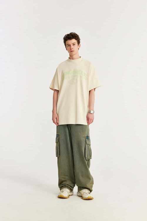 Mock-Neck Graphic Boxy T-Shirt - Apricot