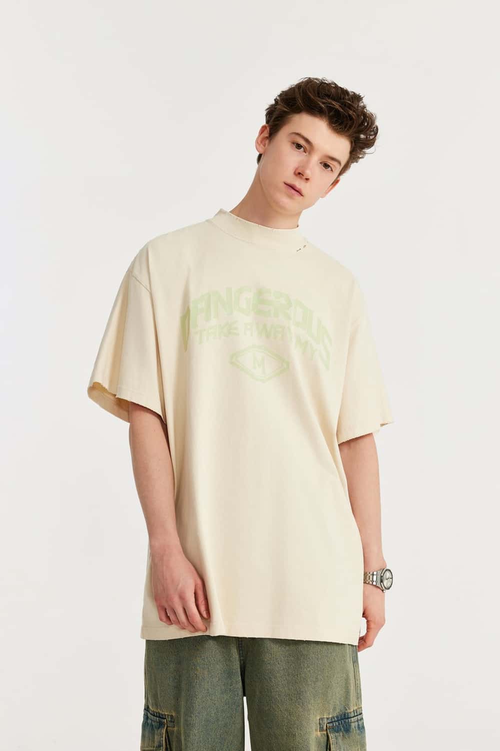 Mock-Neck Graphic Boxy T-Shirt - Apricot