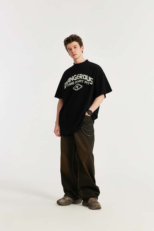 Mock-Neck Graphic Boxy T-Shirt - Black