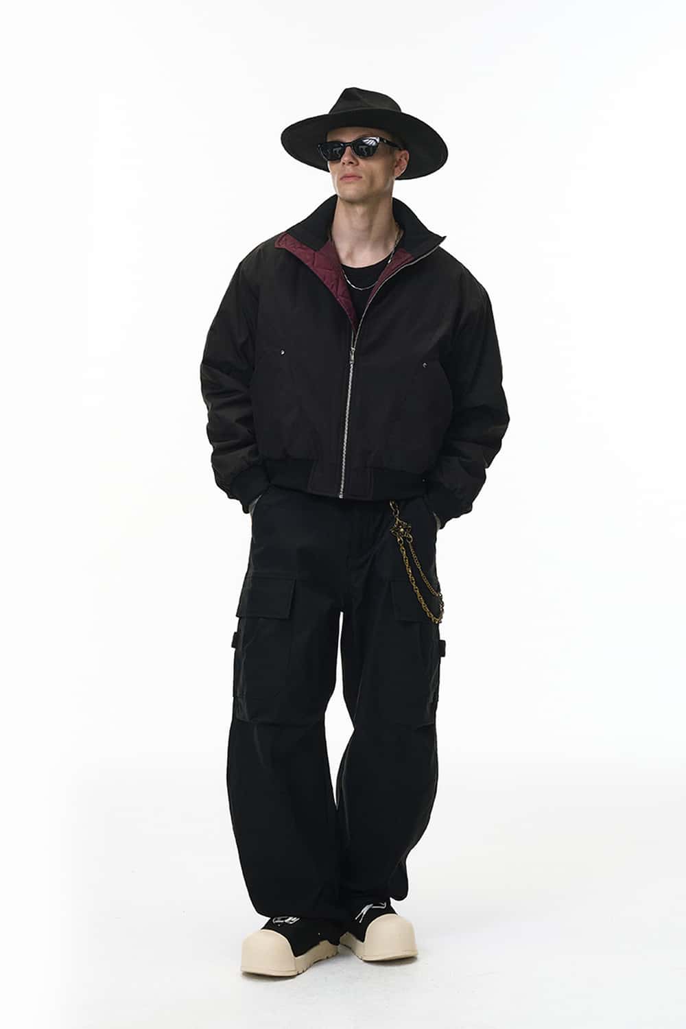 Padded Stand-Collar Flight Jacket - Black