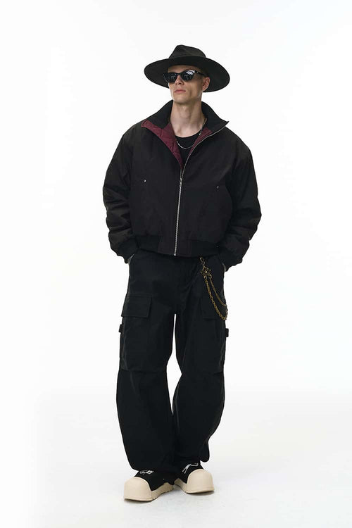 Padded Stand-Collar Flight Jacket - Black