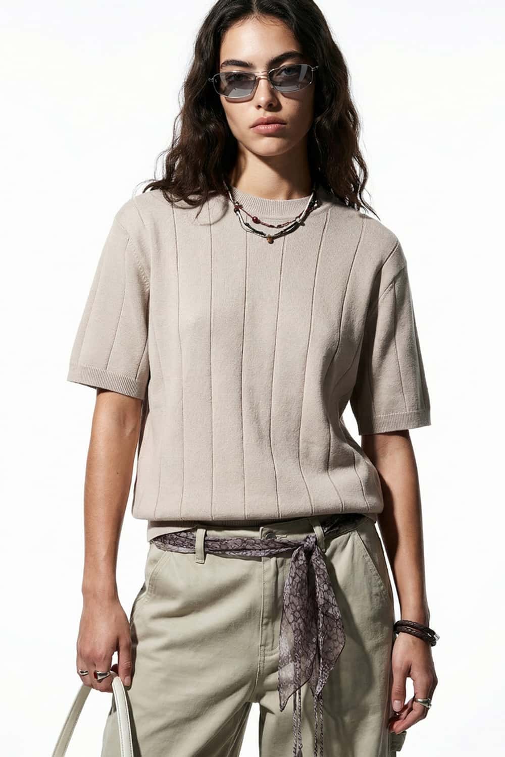 Textured Ribbed Knit T-Shirt - Apricot