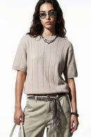 Textured Ribbed Knit T-Shirt - Apricot