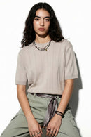 Textured Ribbed Knit T-Shirt - Apricot