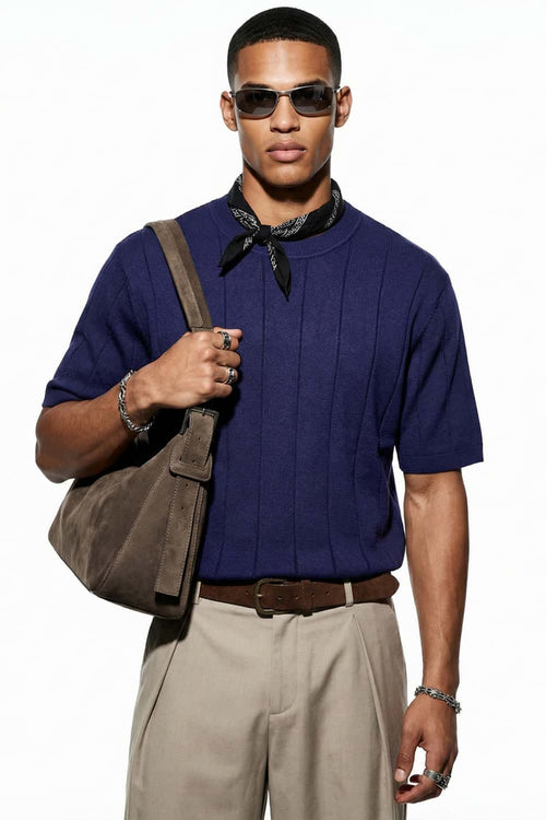 Textured Ribbed Knit T-Shirt - Royal Blue