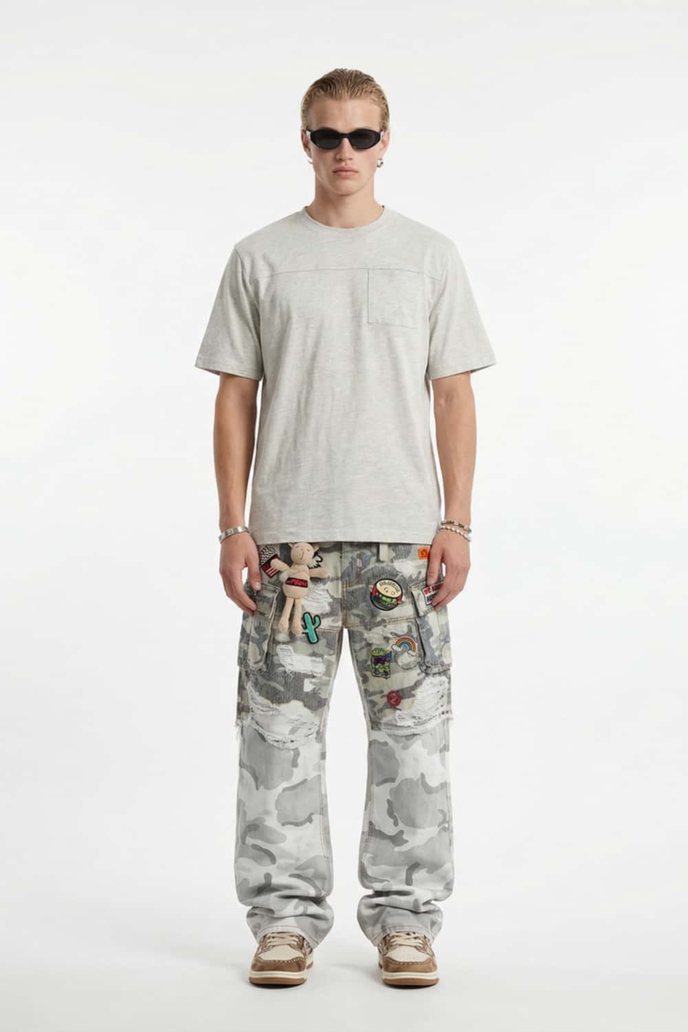Embroidered Slub Pocket T-Shirt - Flower Gray