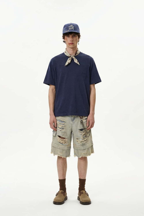 Embroidered Slub Pocket T-Shirt - Navy Blue