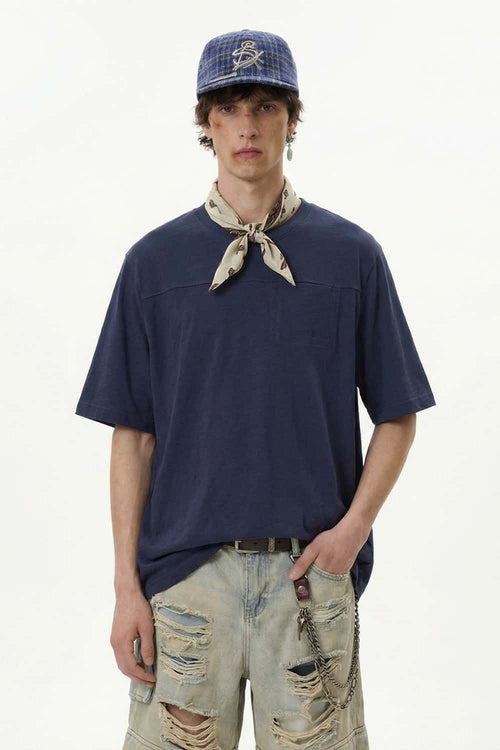 Embroidered Slub Pocket T-Shirt - Navy Blue
