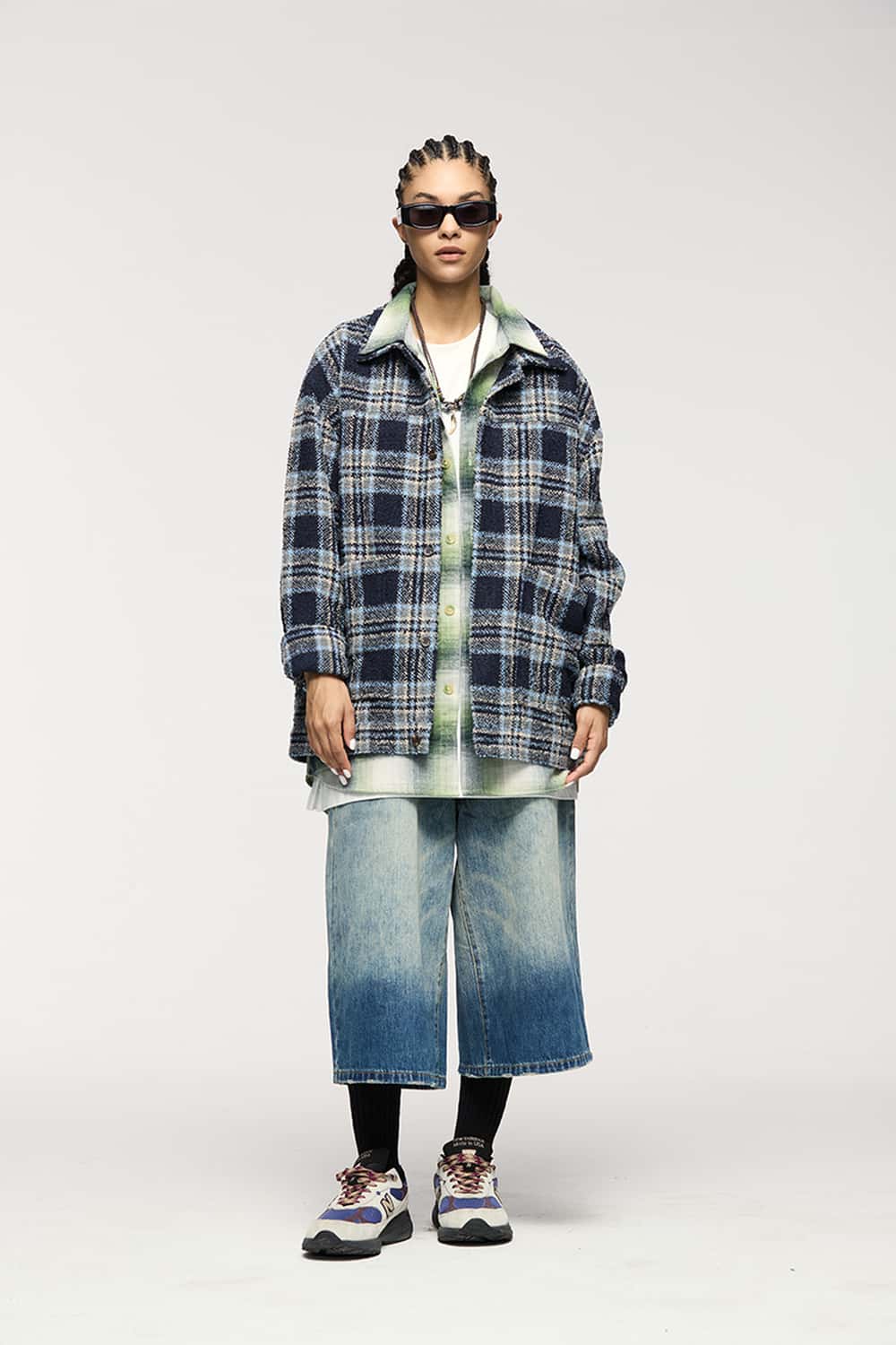 Textured Plaid Overshirt Jacket - Black