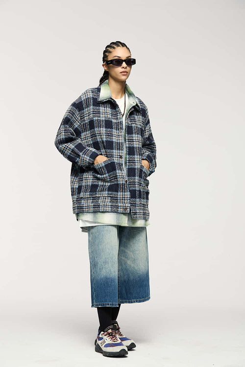Textured Plaid Overshirt Jacket - Black