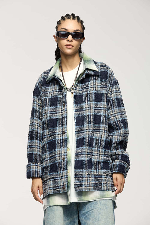Textured Plaid Overshirt Jacket - Black