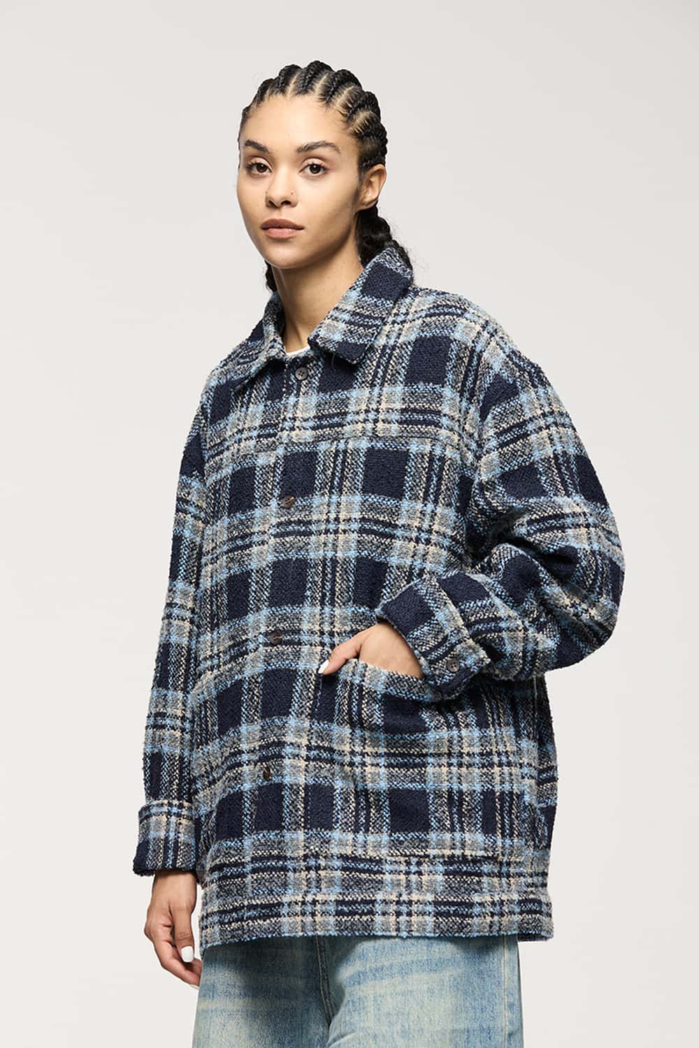 Textured Plaid Overshirt Jacket - Black