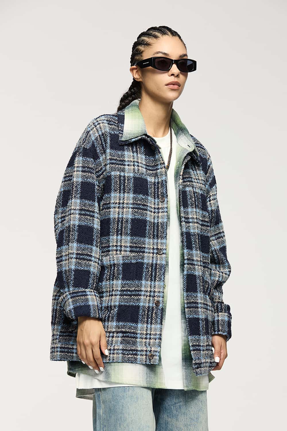 Textured Plaid Overshirt Jacket - Black