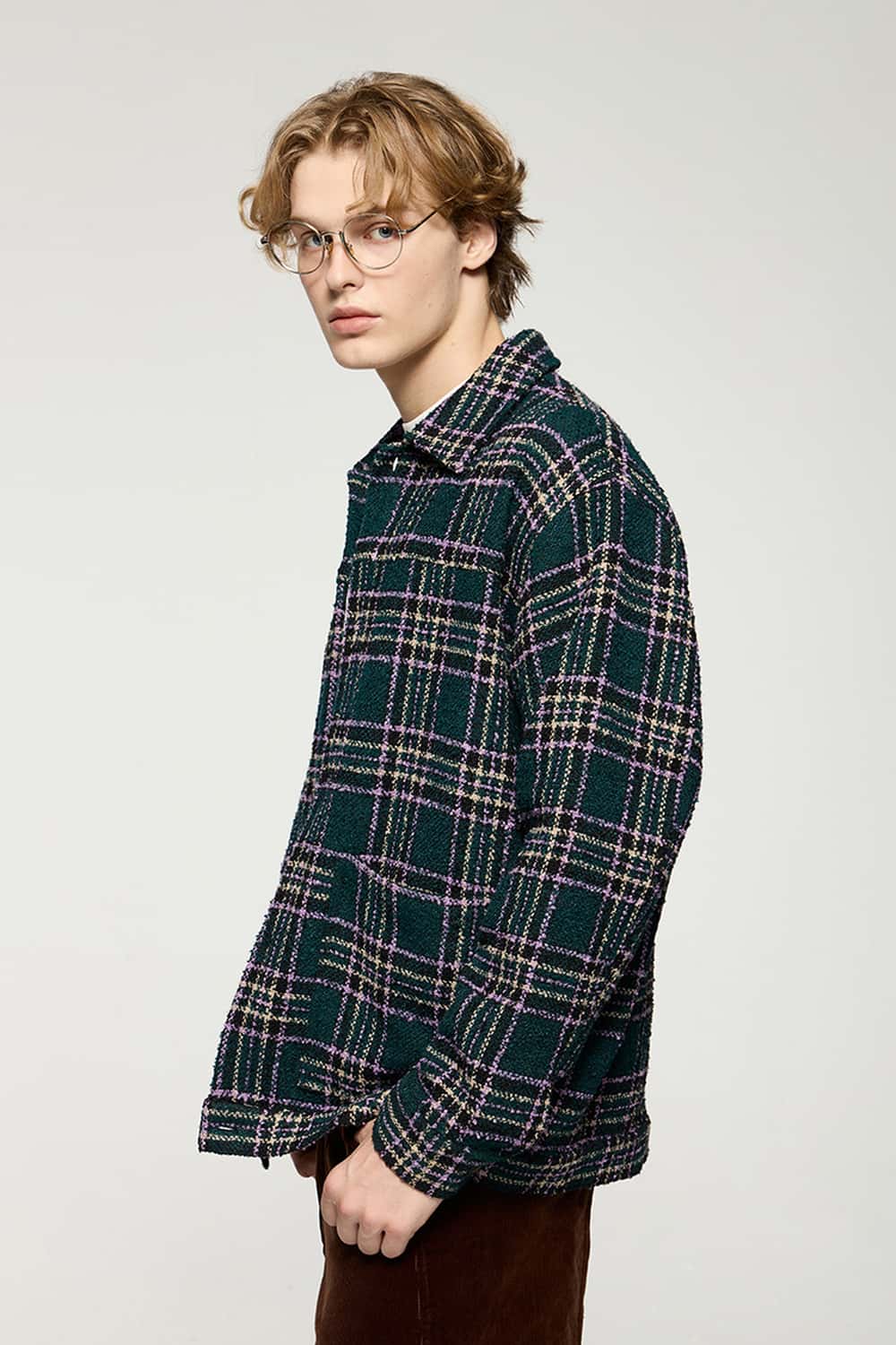Textured Plaid Overshirt Jacket - Green