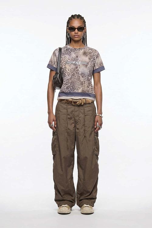 Textured Nylon Wide-Leg Cargo Pants - Coffee