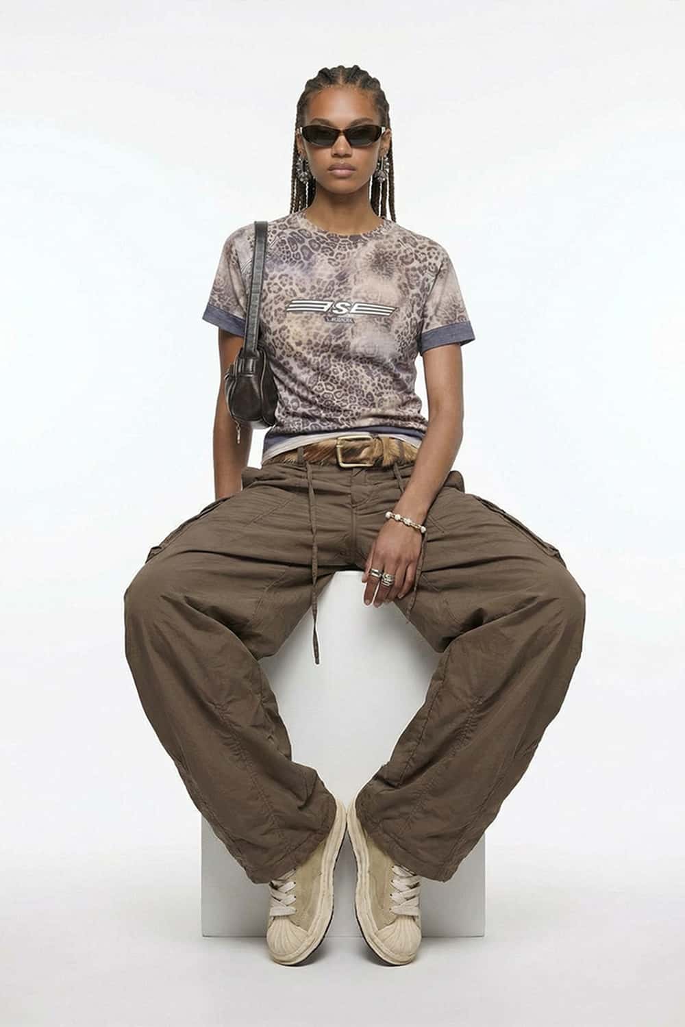 Textured Nylon Wide-Leg Cargo Pants - Coffee