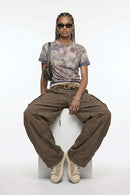 Textured Nylon Wide-Leg Cargo Pants - Coffee