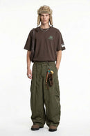 Textured Nylon Wide-Leg Cargo Pants - Military Green