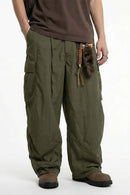 Textured Nylon Wide-Leg Cargo Pants - Military Green