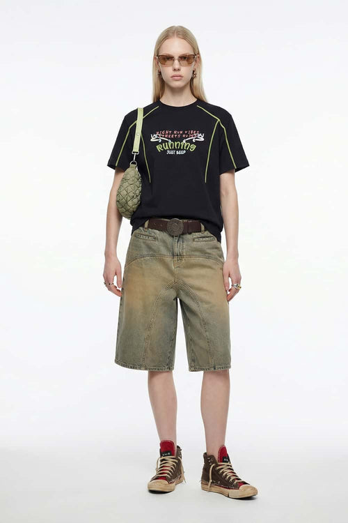 Running Graphic Contrast-Seam T-Shirt - Black