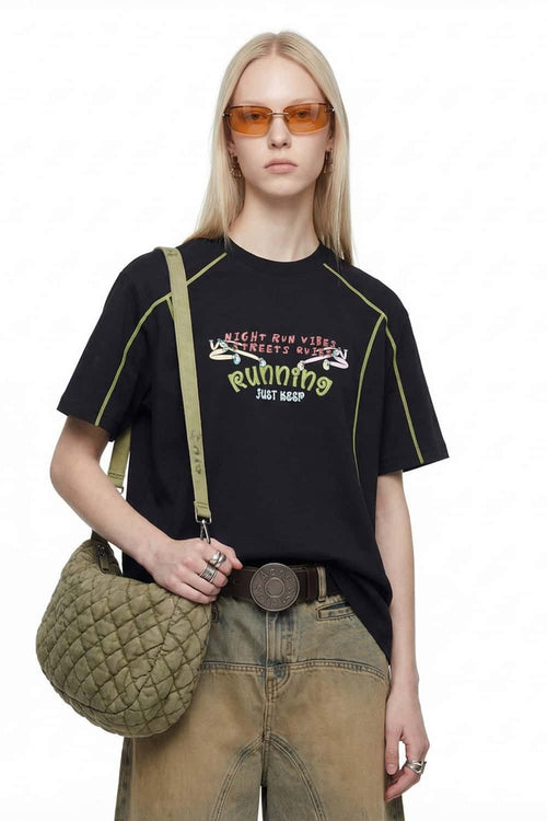 Running Graphic Contrast-Seam T-Shirt - Black