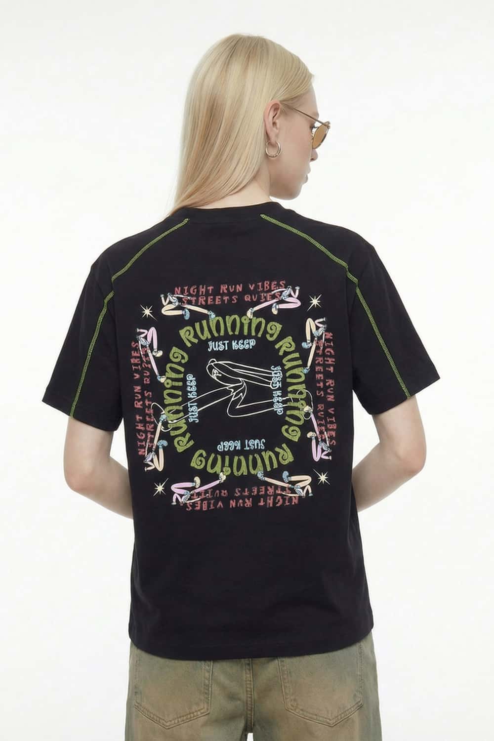 Running Graphic Contrast-Seam T-Shirt - Black