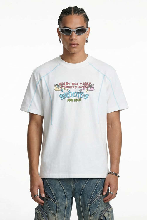 Running Graphic Contrast-Seam T-Shirt - White