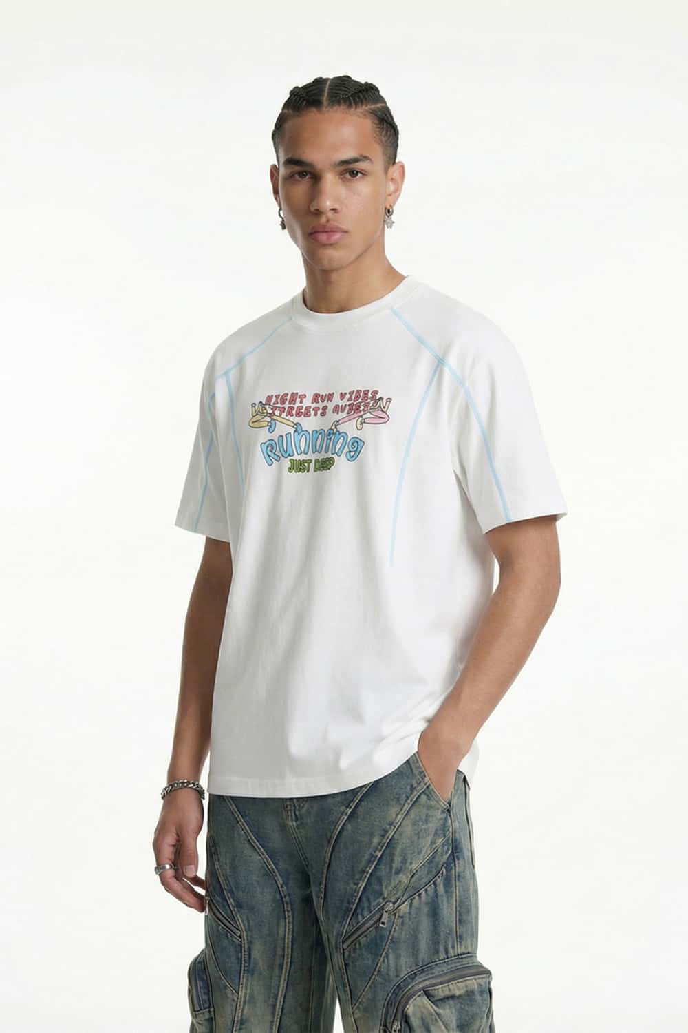 Running Graphic Contrast-Seam T-Shirt - White