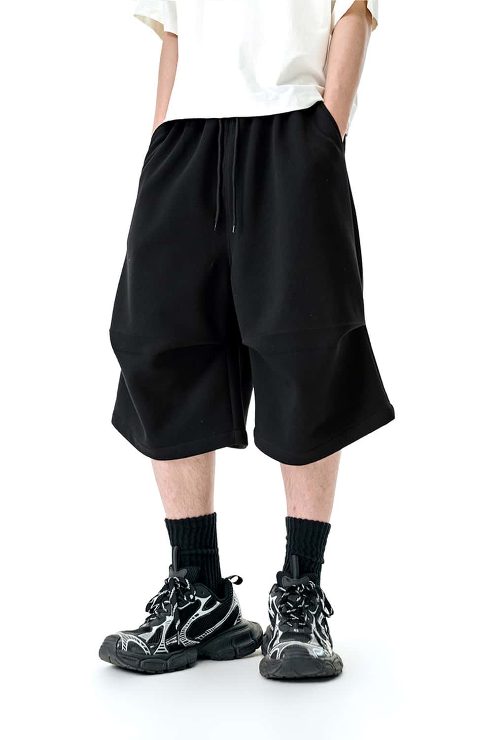 Wide-Leg Drawstring Sweat Shorts - Black