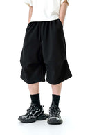 Wide-Leg Drawstring Sweat Shorts - Black